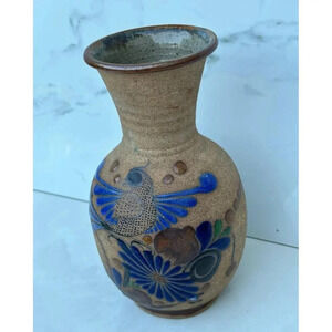 Vtg Tonala Mexican Pottery Vase Bird Floral Vase Mexico Southwestern Home Decor